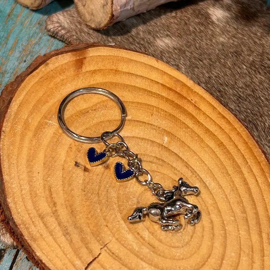 Western Horse with Two Blue Hearts Keychain