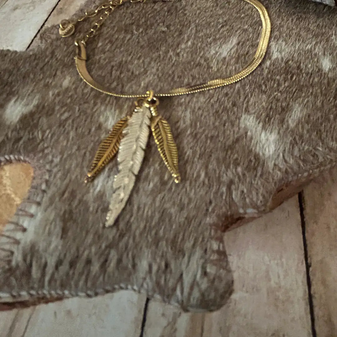 Western Feather Bracelet Herringbone Link Chain Gold
