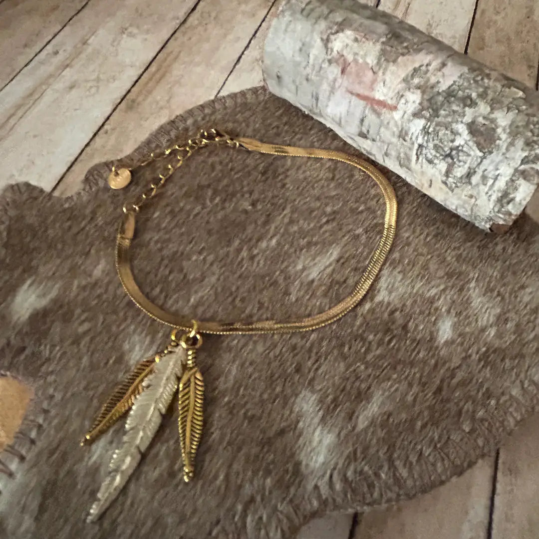 Western Feather Bracelet Herringbone Link Chain Gold