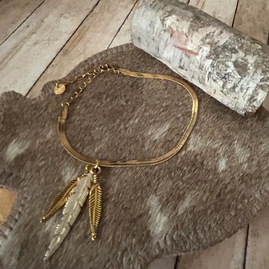 Western Feather Bracelet Herringbone Link Chain Gold