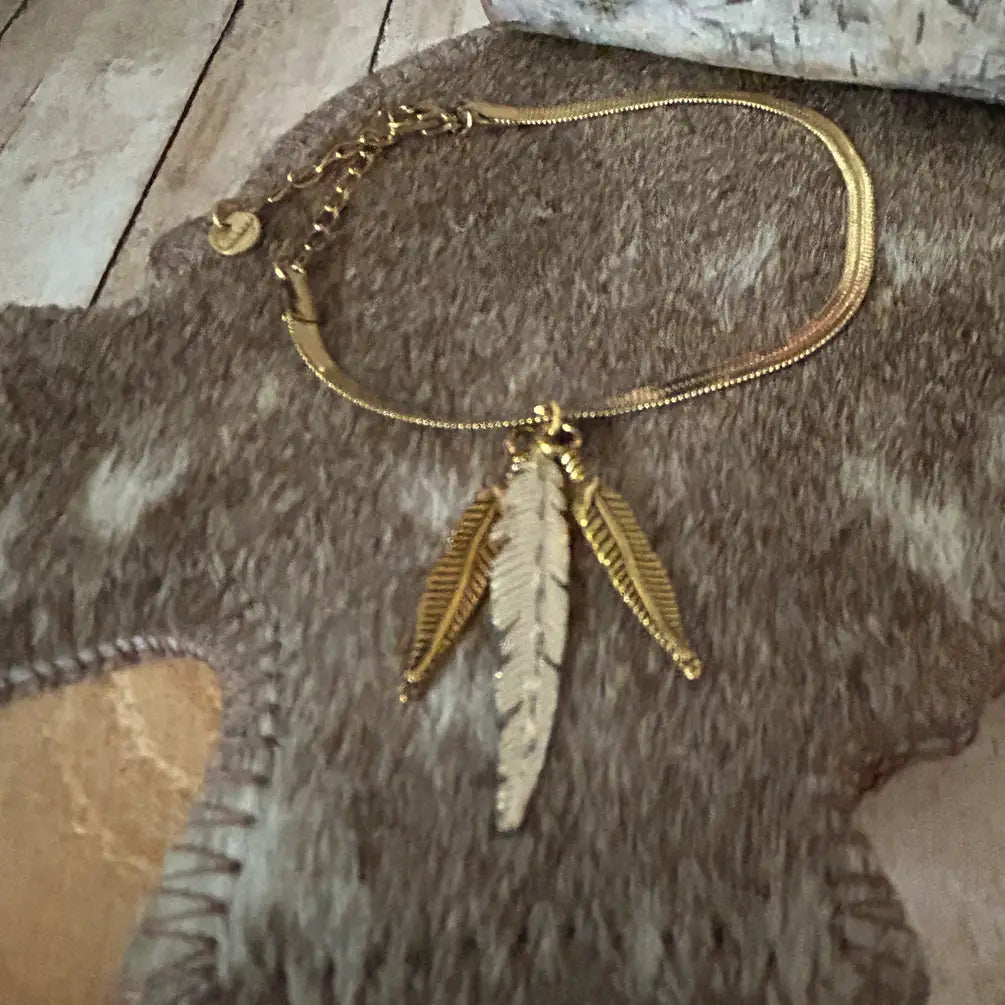 Western Feather Bracelet Herringbone Link Chain Gold