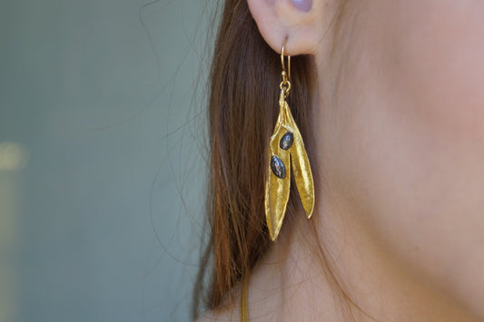 Olive Leaf Earrings – Sterling Silver Earrings | Gold Black Dangle Statement-0