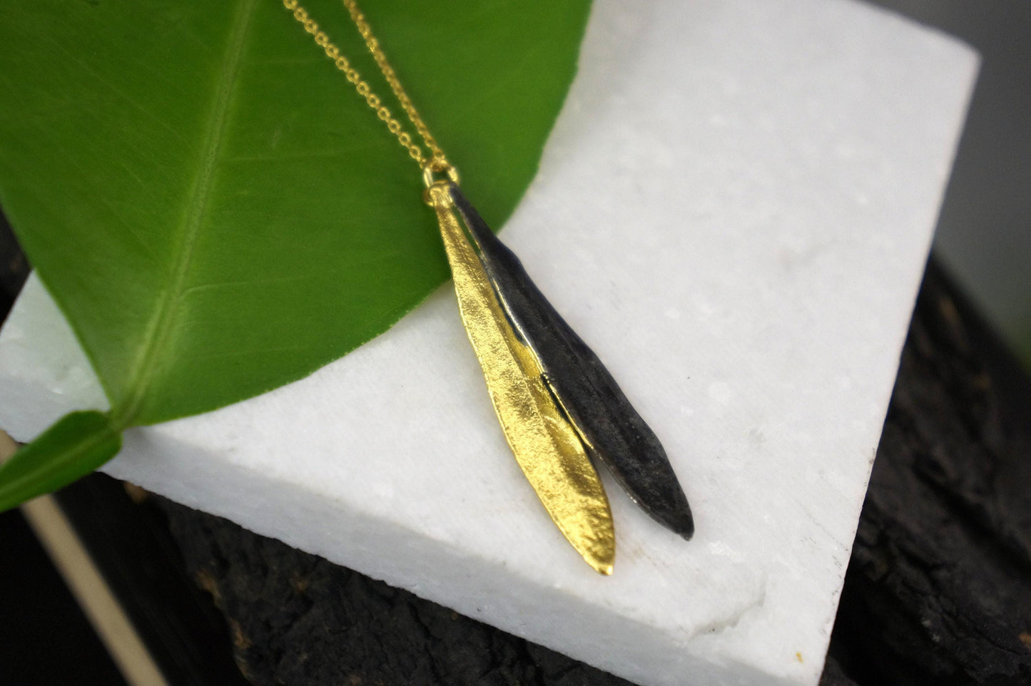 Olive Leaf Necklace - Handmade Botanical Pendant | Two Tone Sterling Silver Jewelry-0