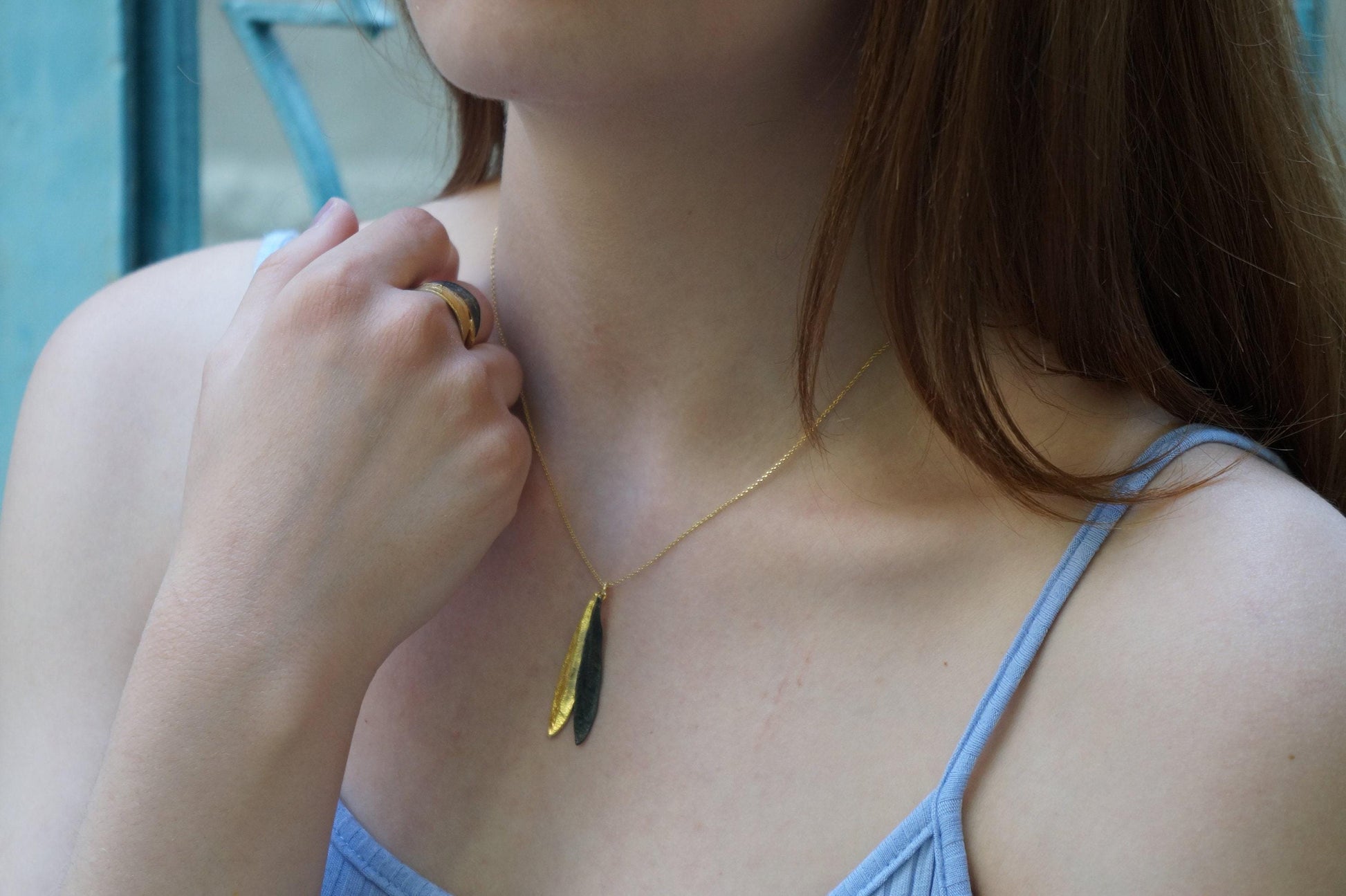 Olive Leaf Necklace - Handmade Botanical Pendant | Two Tone Sterling Silver Jewelry-1