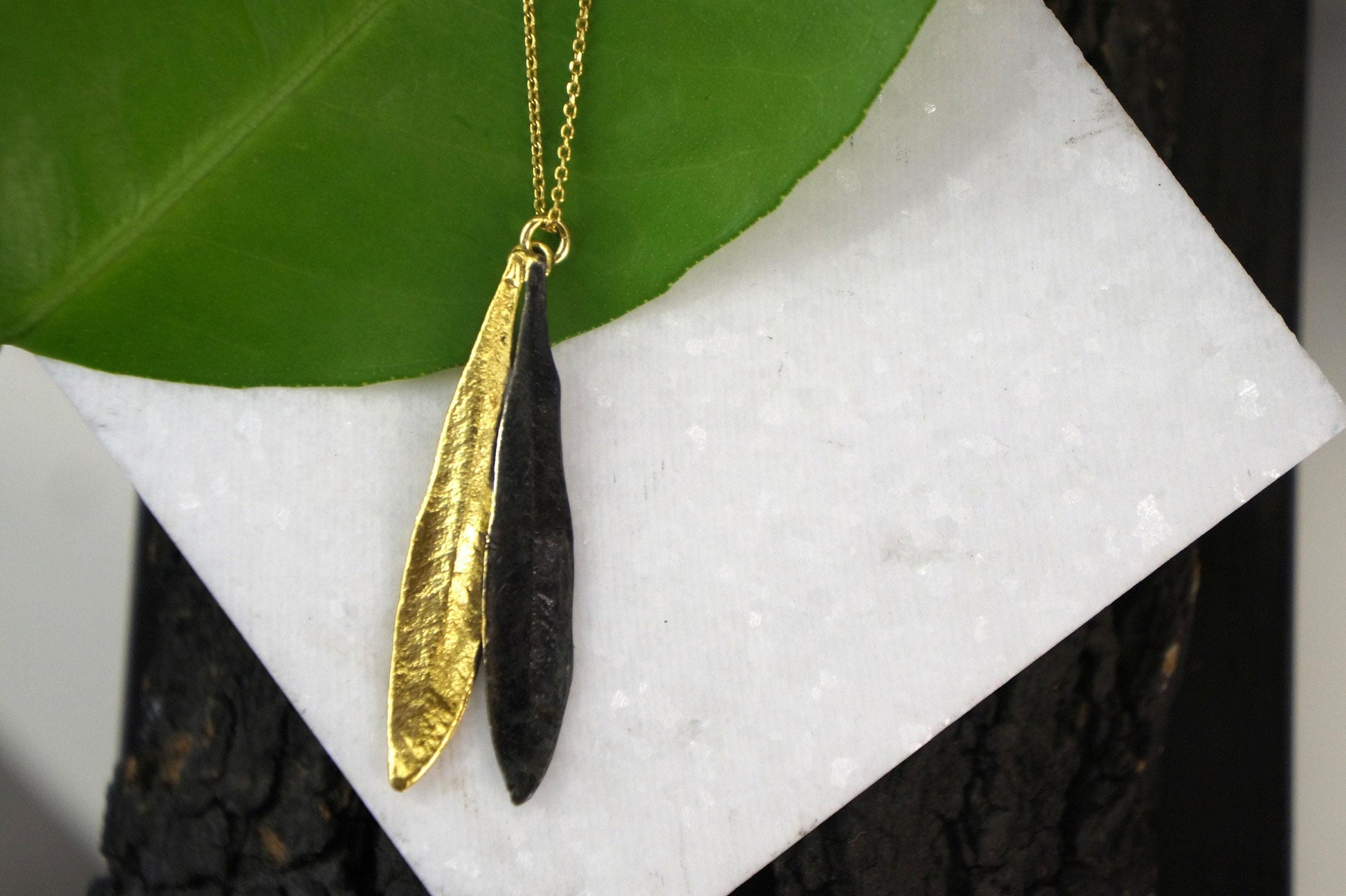 Olive Leaf Necklace - Handmade Botanical Pendant | Two Tone Sterling Silver Jewelry-2