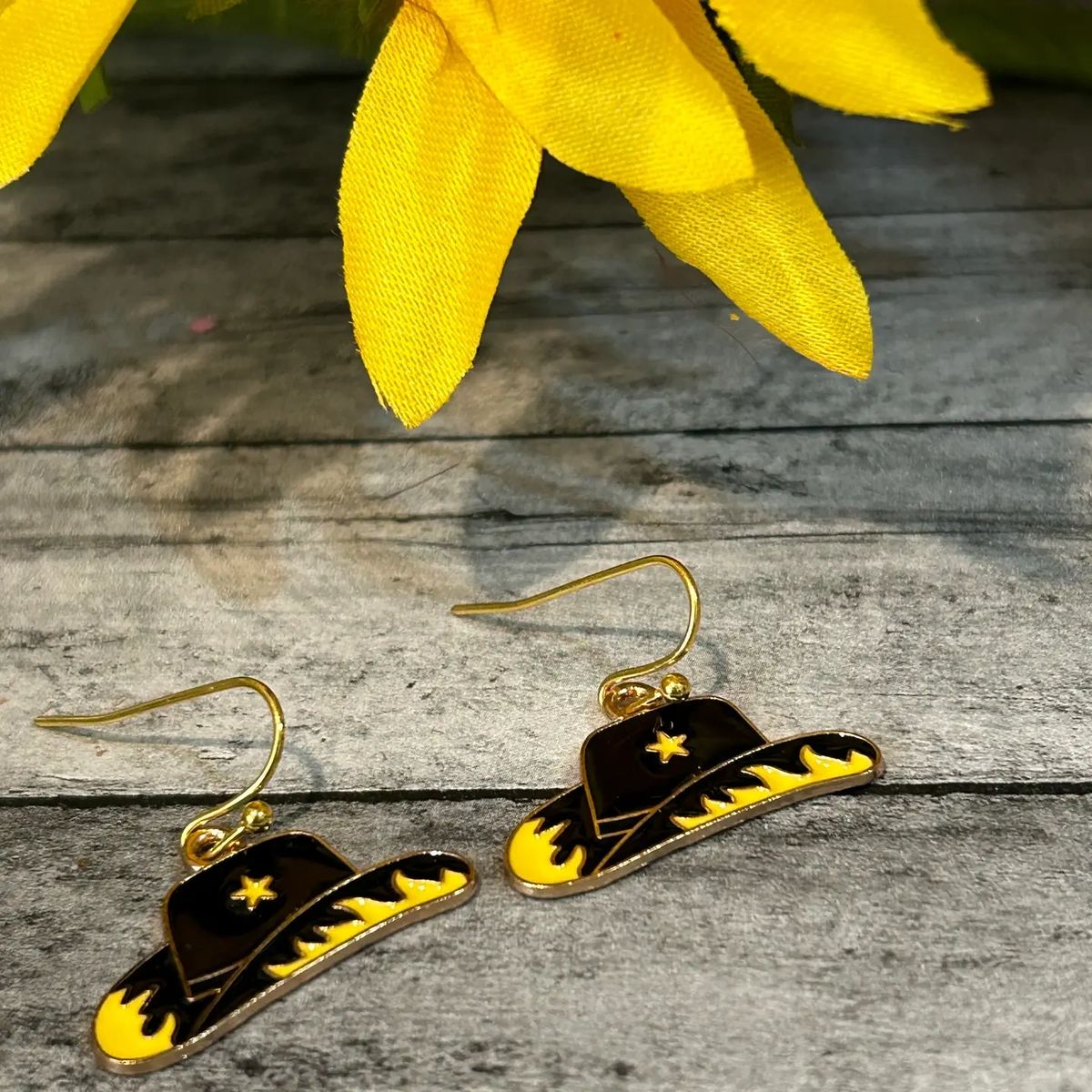 Western Cowboy Hat Earrings Yellow & Black