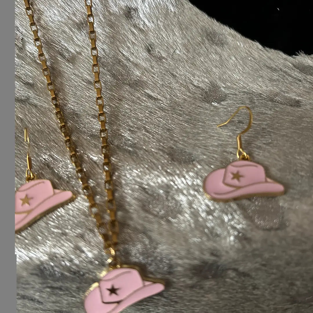 Western Pink Cowgirl Hat Necklace & Earring Set