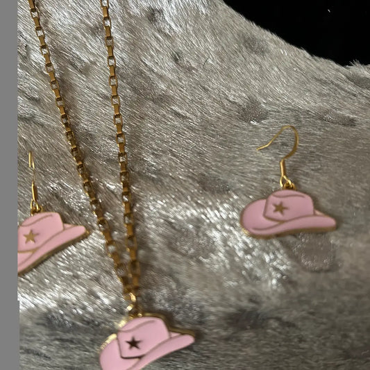 Western Pink Cowgirl Hat Necklace & Earring Set