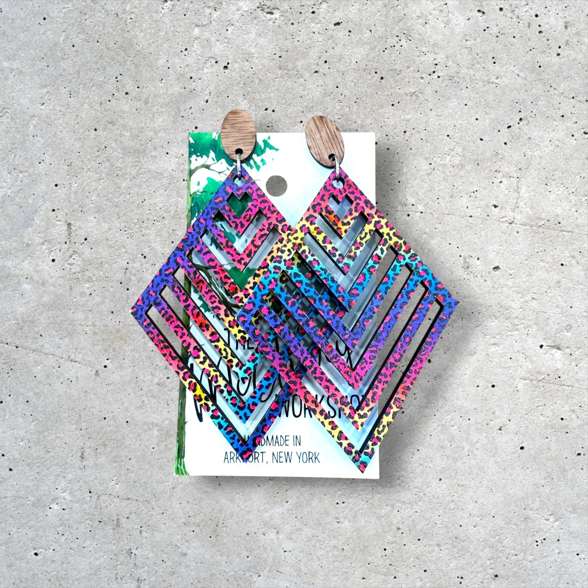 Wood Rainbow Cheetah Print Dangle Earrings, Wood Earrings, Hypoallergenic-0