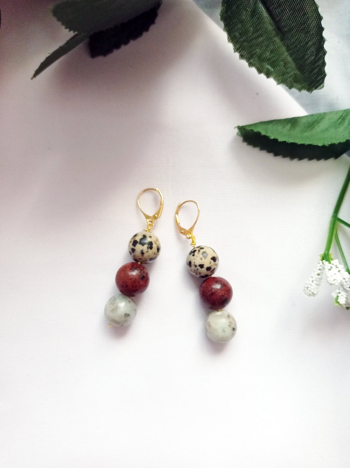 Poppy, Dalmatian & Sesame Jasper Yellow gold vermeil or 9k or 18k gold earrings, Bloom Collection | by nlanlaVictory-3