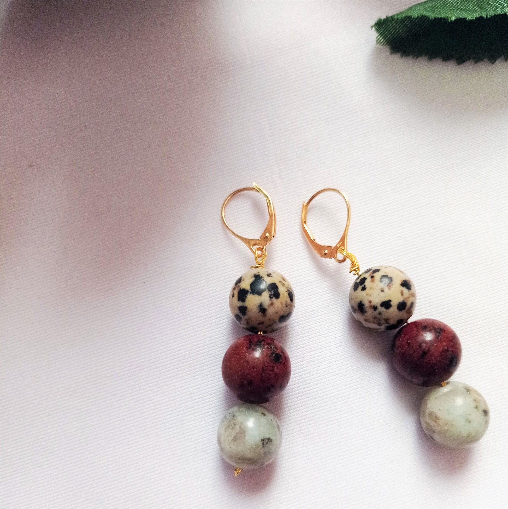 Poppy, Dalmatian & Sesame Jasper Yellow gold vermeil or 9k or 18k gold earrings, Bloom Collection | by nlanlaVictory-4