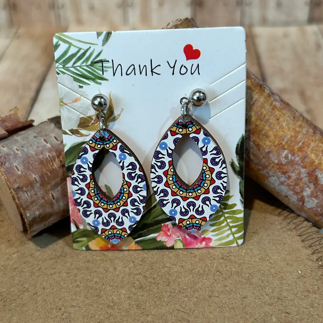 Bohemian Style Oval Print Wooden Earrings