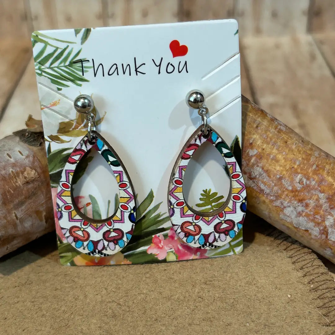 Bohemian Style Oval Print Wooden Earrings