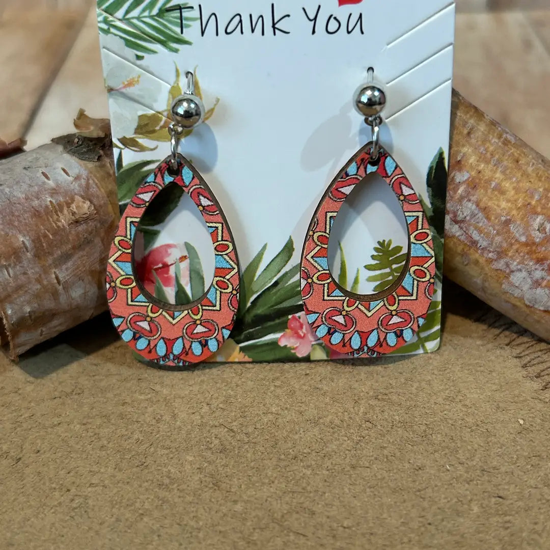 Bohemian Style Oval Print Wooden Earrings