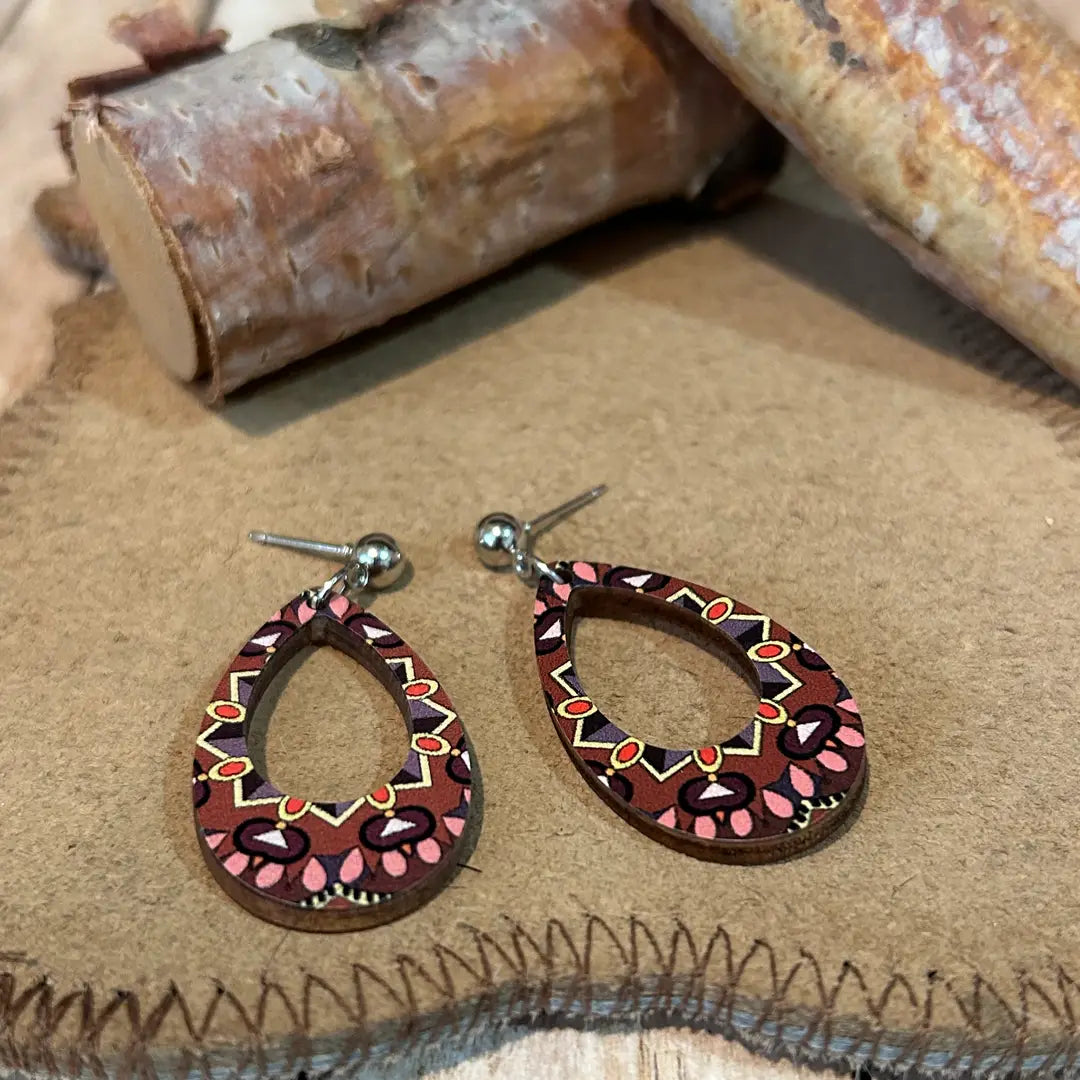 Bohemian Style Oval Print Wooden Earrings