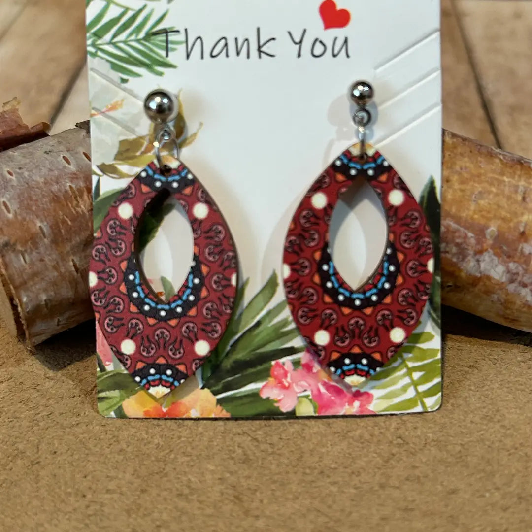 Bohemian Style Oval Print Wooden Earrings