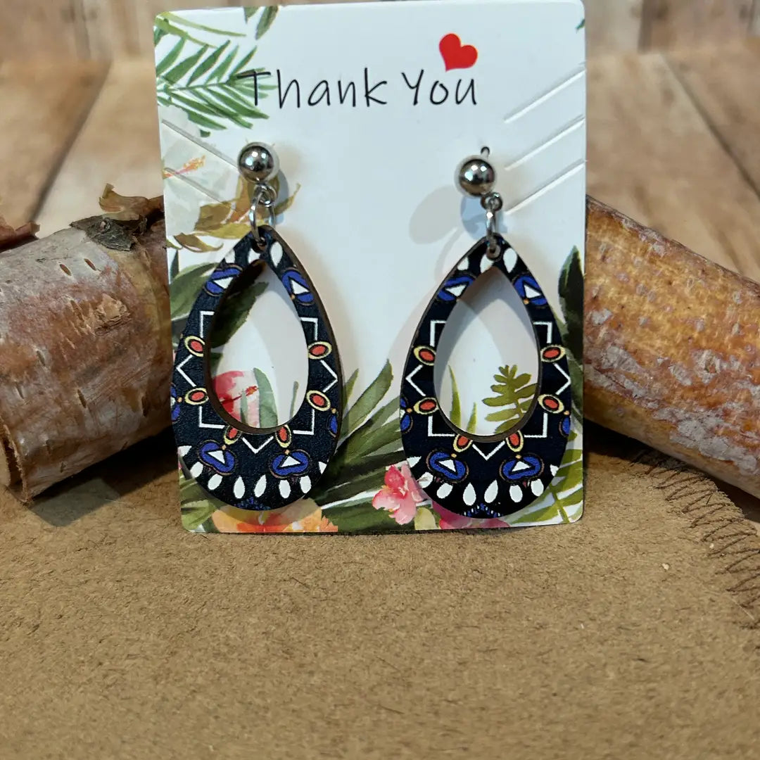 Bohemian Style Oval Print Wooden Earrings