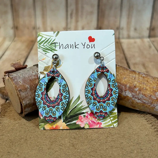 Bohemian Style Oval Print Wooden Earrings